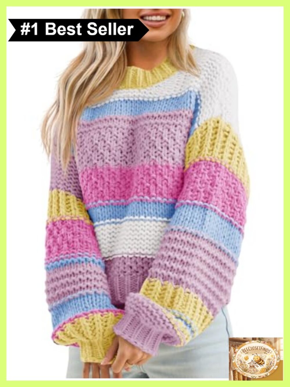 Chunky Knit Color Block Striped Cropped Sweater Crew Neck Long Sleeve